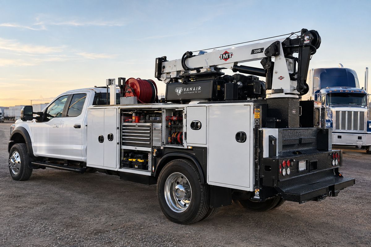 Mobile diesel service truck with a crane, air compressor, and tool compartments