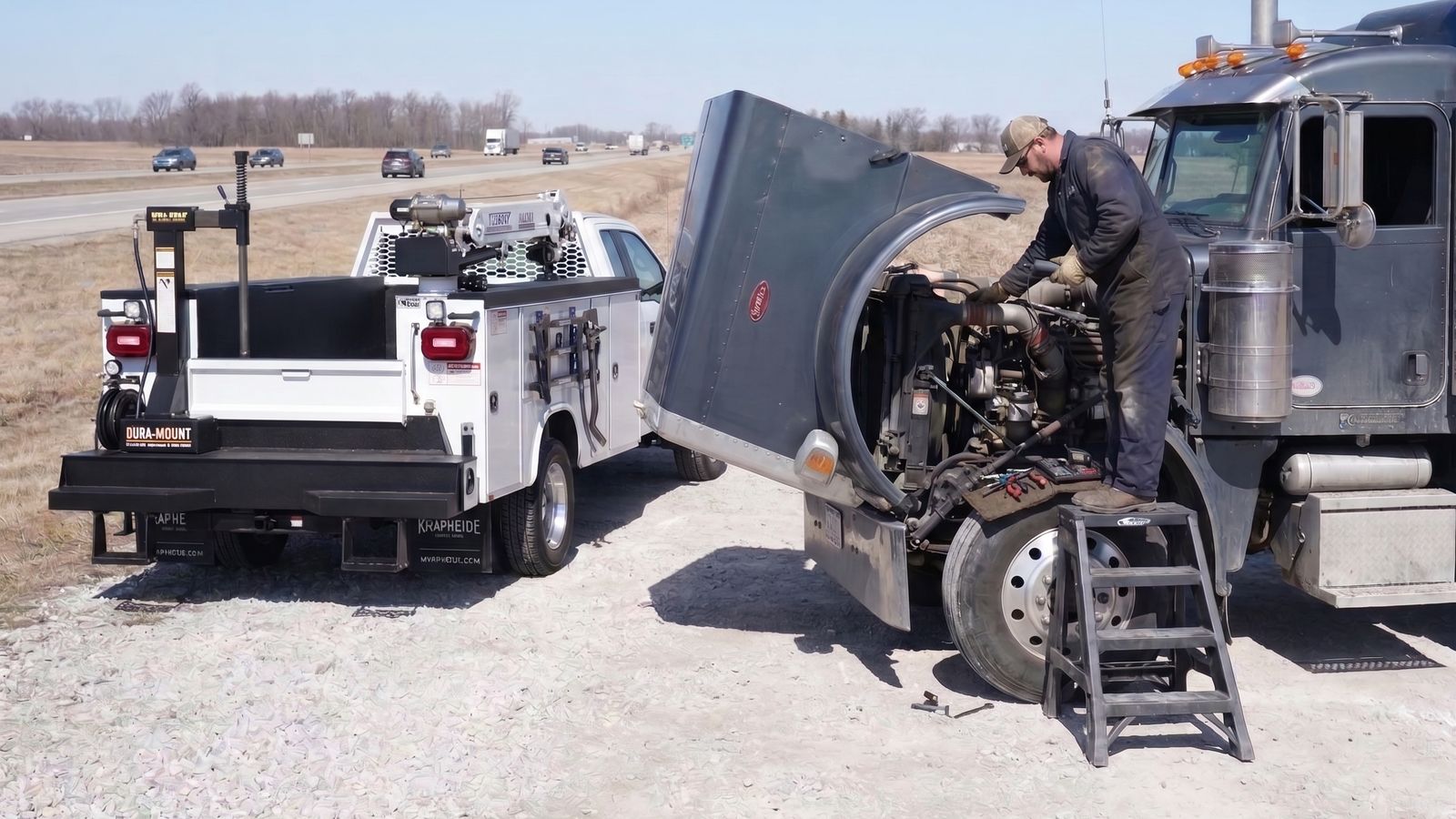 Mobile diesel mechanic repairing a semi truck on an interstate shoulder beside a service truck