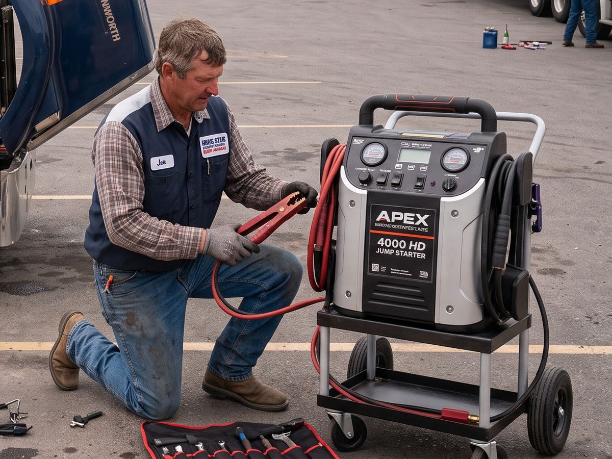 Mechanic holding jumper cables from a heavy-duty jump starter beside a semi truck