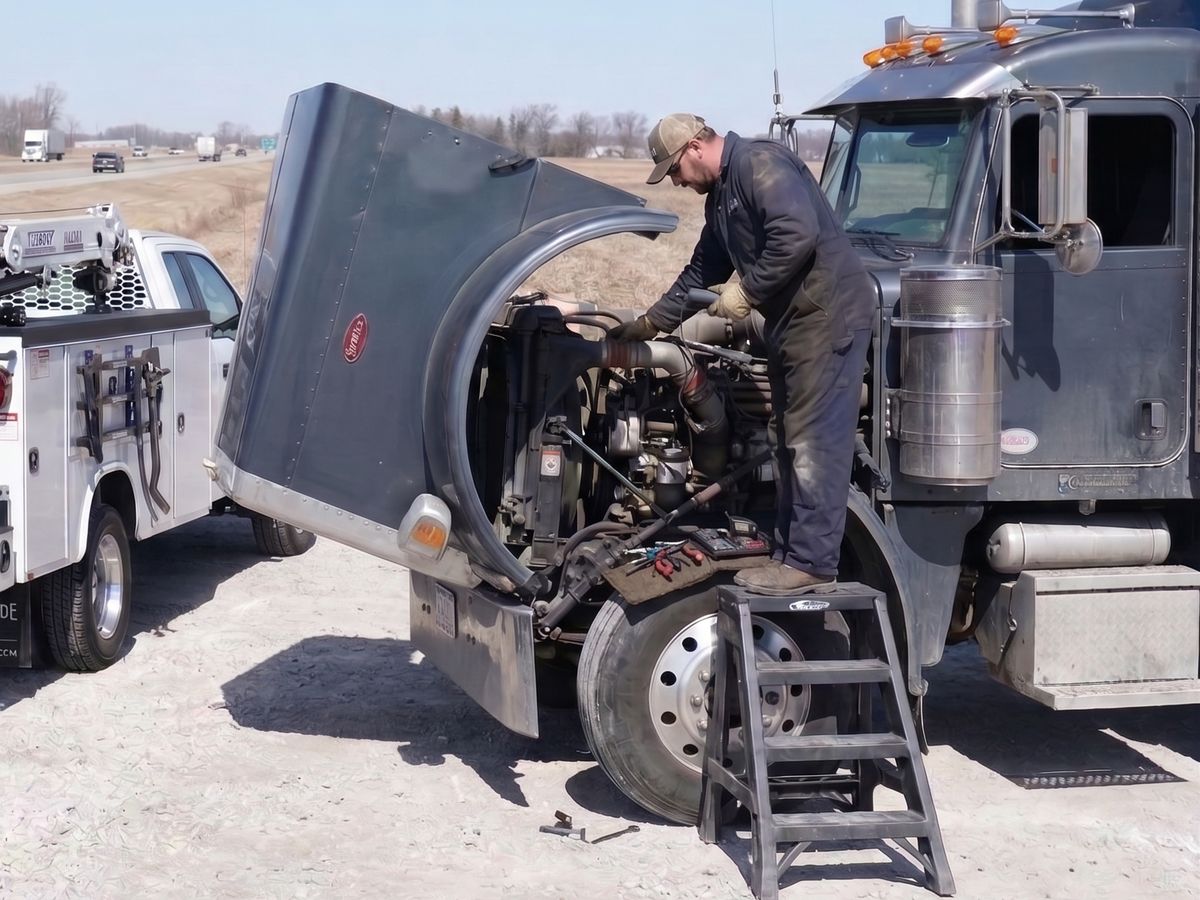 Mobile diesel mechanic working under the hood of a semi truck on an interstate shoulder, service truck parked behind it
