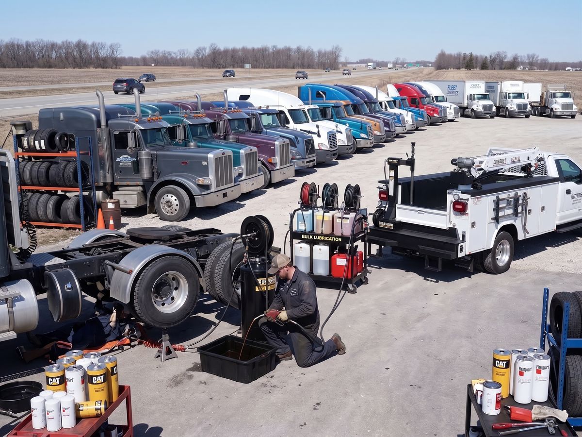 Mechanic draining oil from a fleet tractor, with a row of trucks and a service truck in the yard