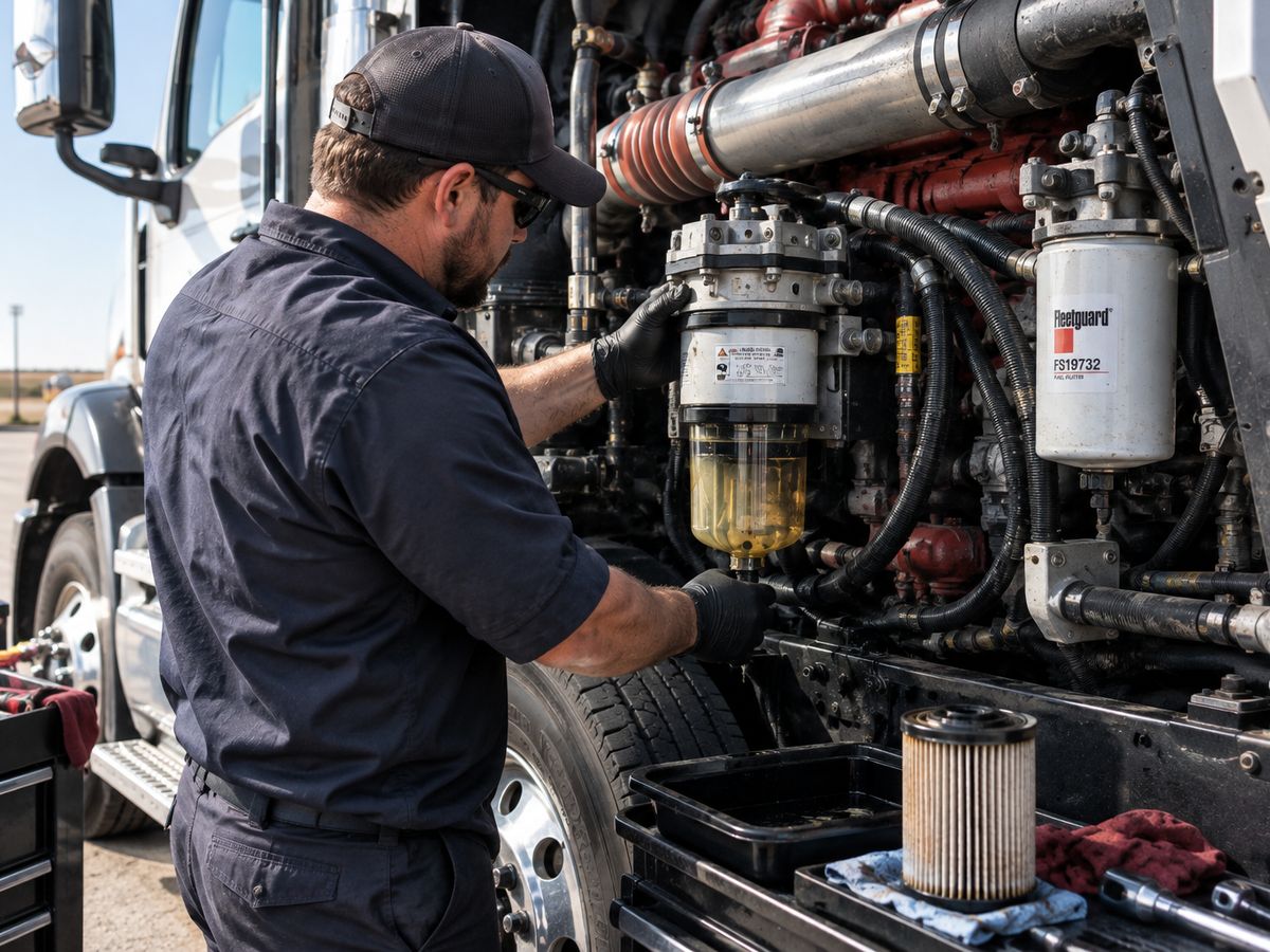 Mechanic servicing the fuel filter and water separator on a diesel truck engine