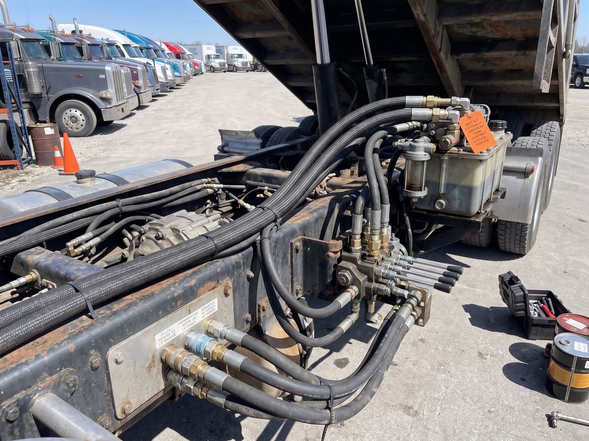 Hydraulic hoses, control valves, and reservoir on a dump truck wet kit
