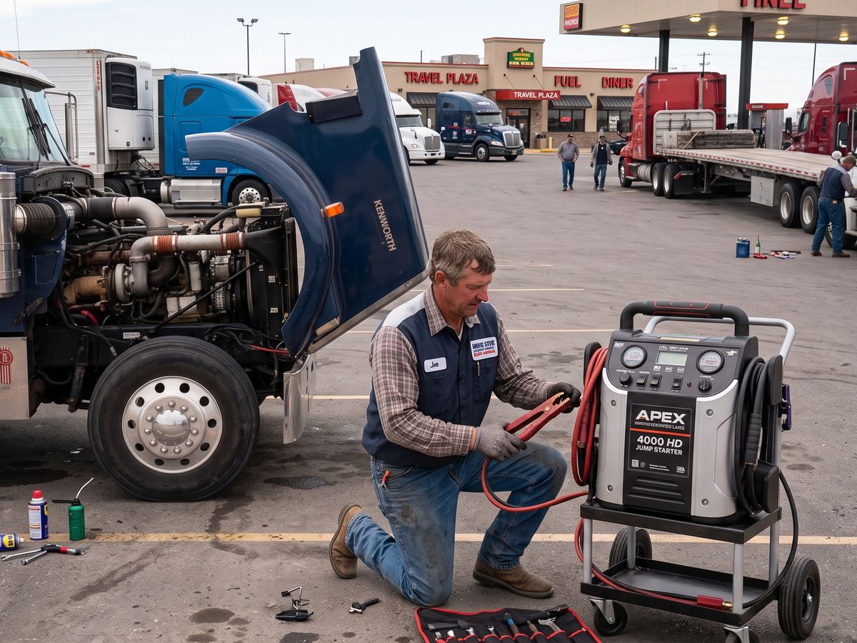 Mechanic connecting a heavy-duty jump starter to a semi truck in a truck stop parking lot